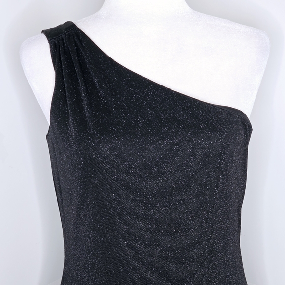 🎄 Arianna by Rachel Kaye EUC One Shoulder shimmery Dress 12 Black slant hem - Picture 15 of 16